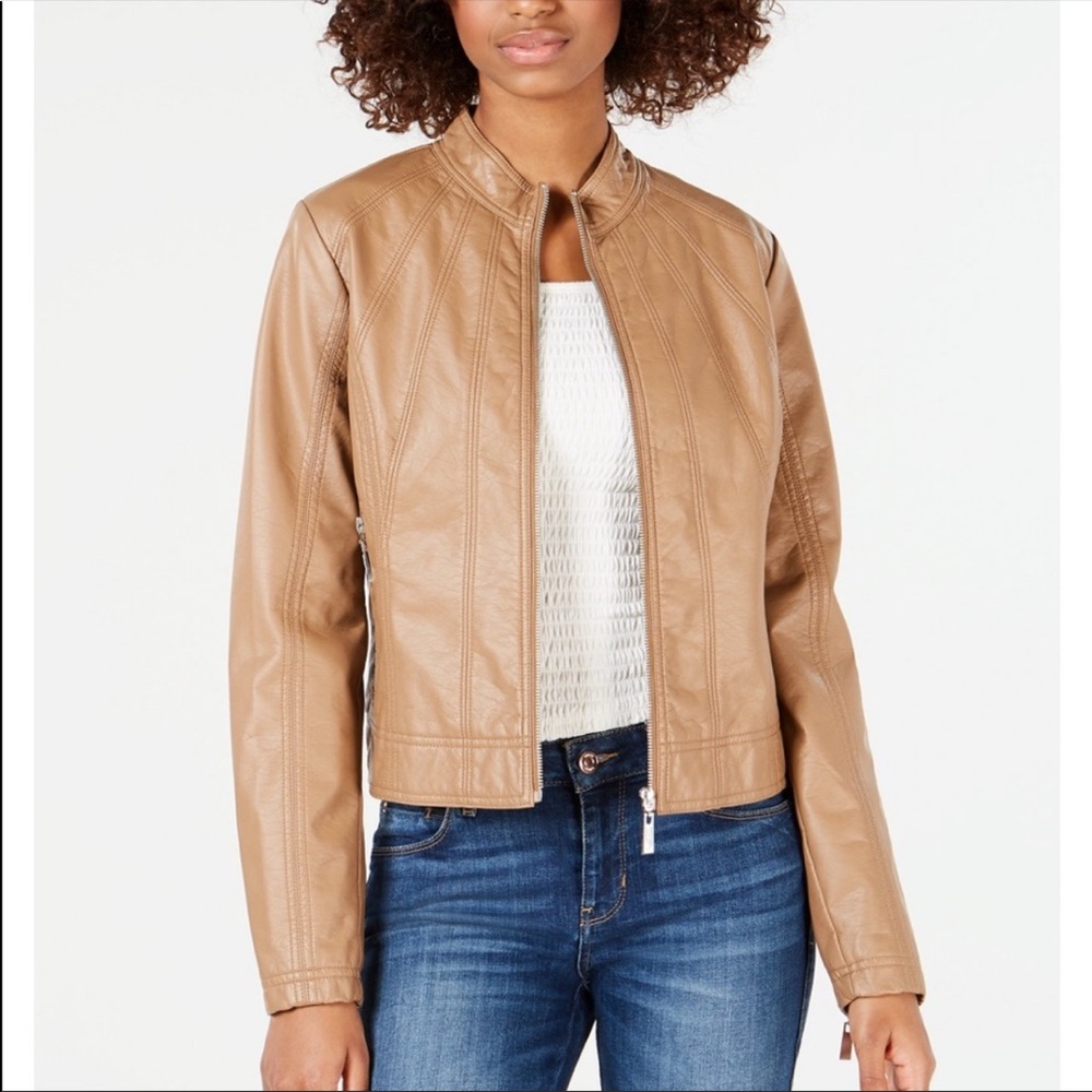 Tan Faux Vegan Leather Moto Motorcycle Jacket Coat - Picture 1 of 5